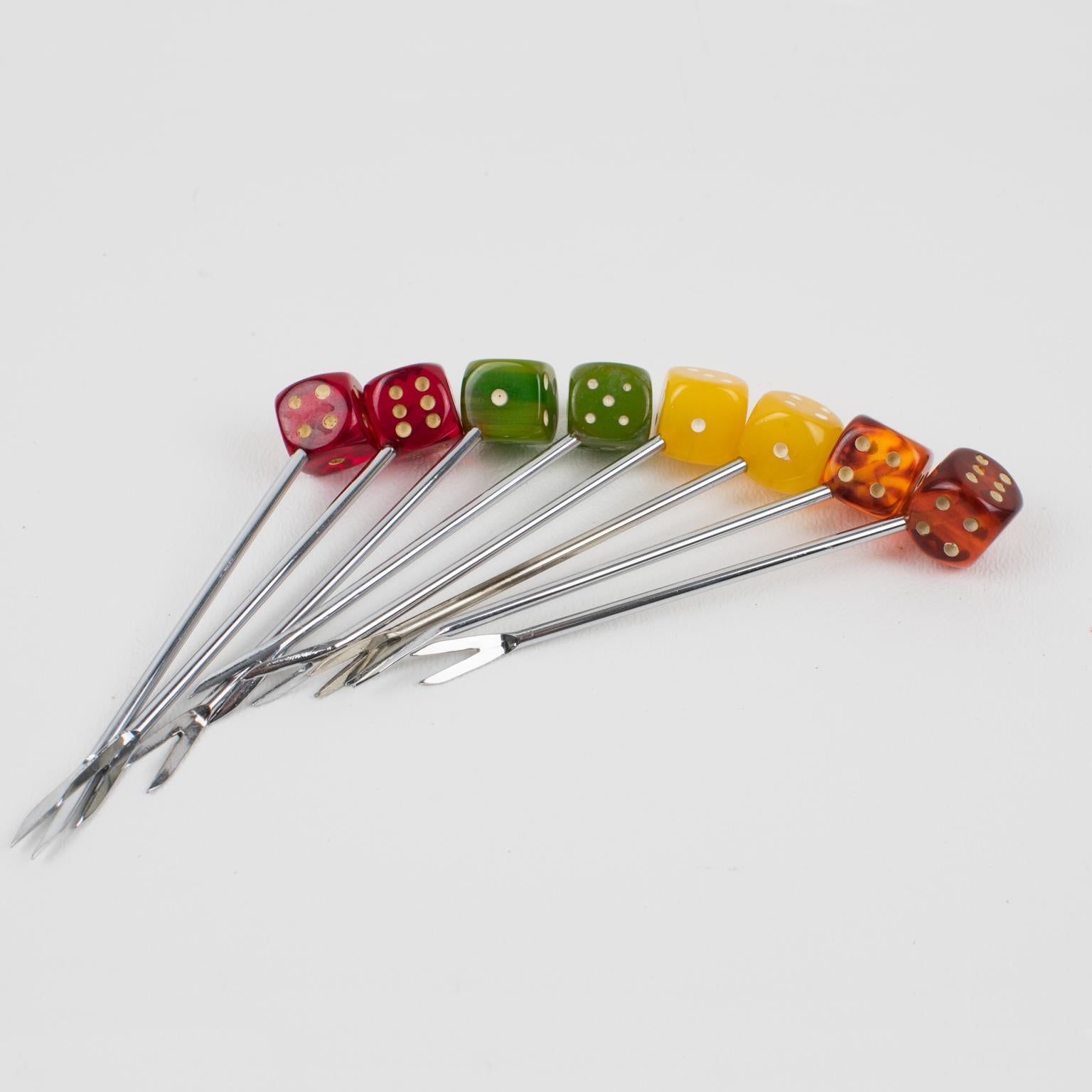French Art Deco 1930s Bakelite Barware Cocktail Picks Set Green Dice 5
