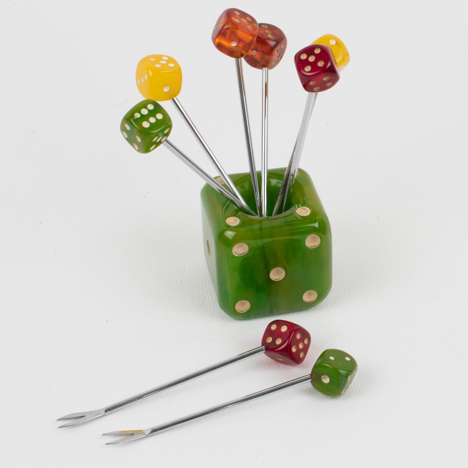 So cute set of cocktail picks with dice design. Eight forks with Bakelite dice finials can be removed from the central holder and be used as cocktail picks for Manhattan's, Martinis, or any other cocktail that requires a garnish. Green marble