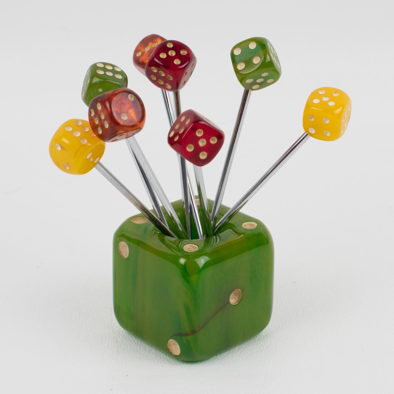 French Art Deco 1930s Bakelite Barware Cocktail Picks Set Green Dice In Good Condition In Atlanta, GA