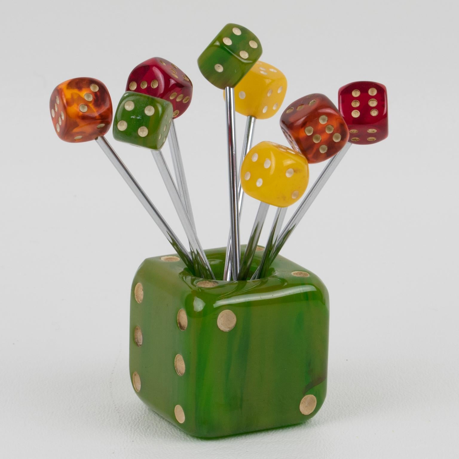 Mid-20th Century French Art Deco 1930s Bakelite Barware Cocktail Picks Set Green Dice