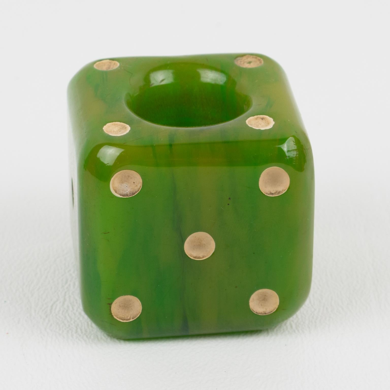 Metal French Art Deco 1930s Bakelite Barware Cocktail Picks Set Green Dice