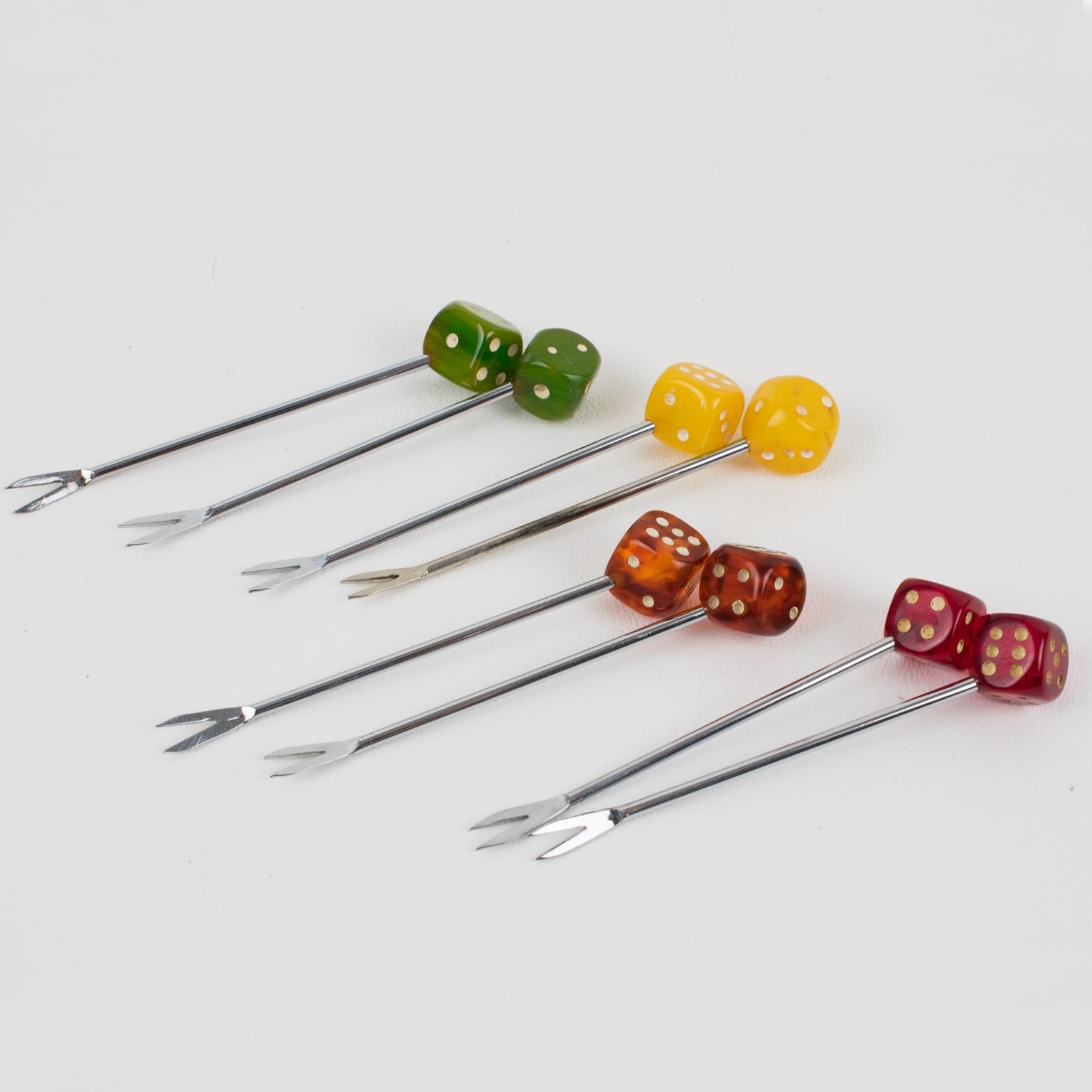 French Art Deco 1930s Bakelite Barware Cocktail Picks Set Green Dice 4
