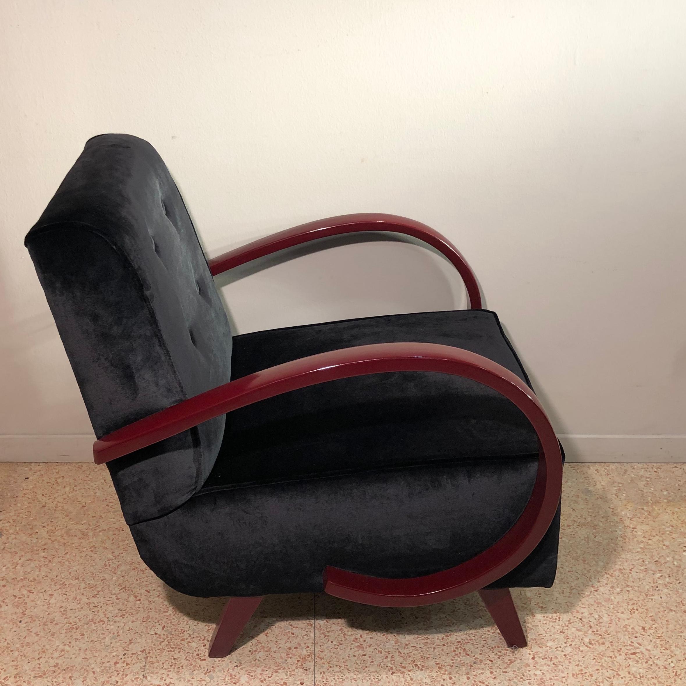 French Art Deco 1930s Black Velvet and Dark Red lacquered Armrests Armchairs 7