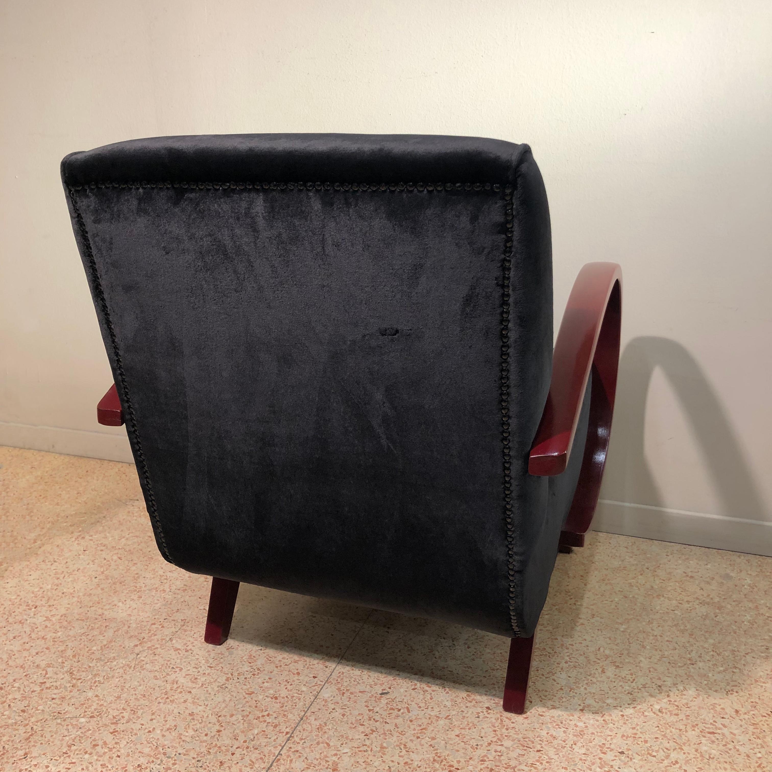 20th Century French Art Deco 1930s Black Velvet and Dark Red lacquered Armrests Armchairs