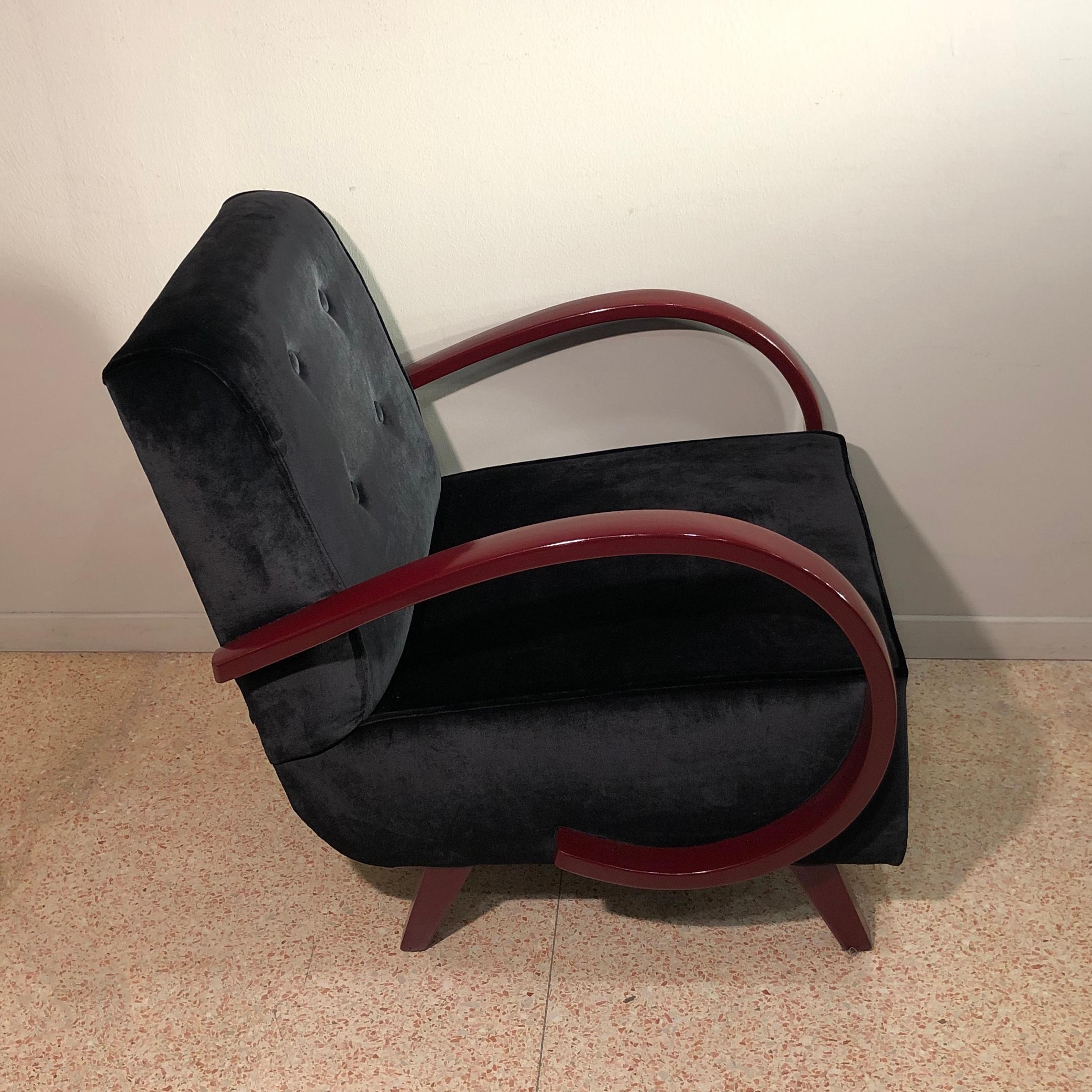 French Art Deco 1930s Black Velvet and Dark Red lacquered Armrests Armchairs 2