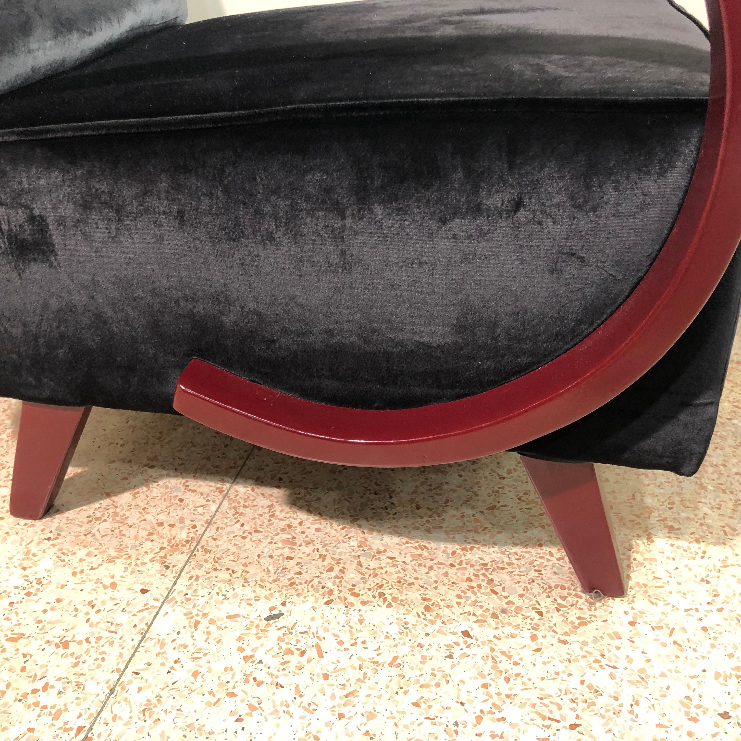 French Art Deco 1930s Black Velvet and Dark Red lacquered Armrests Armchairs 5