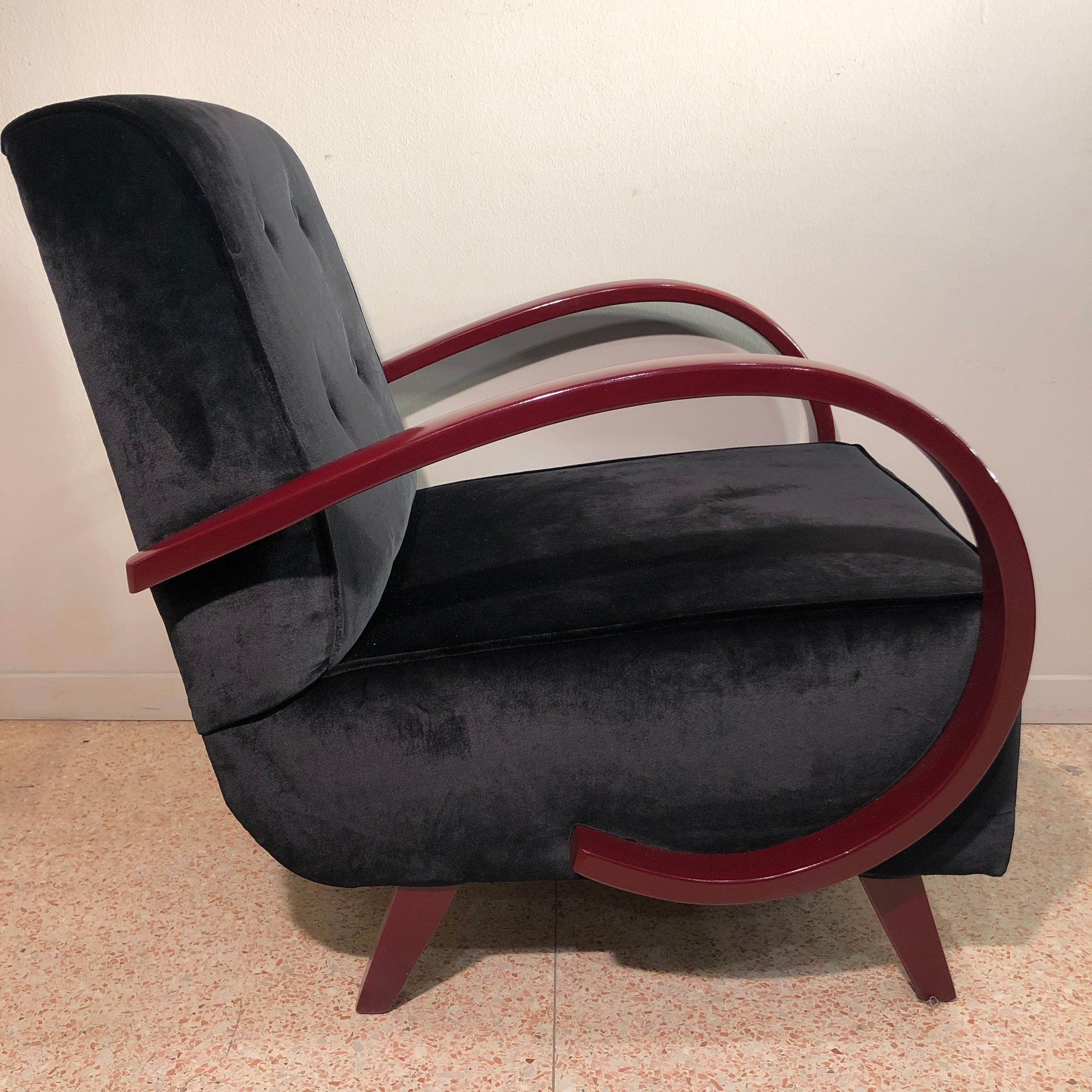 French Art Deco 1930s Black Velvet and Dark Red lacquered Armrests Armchairs 6