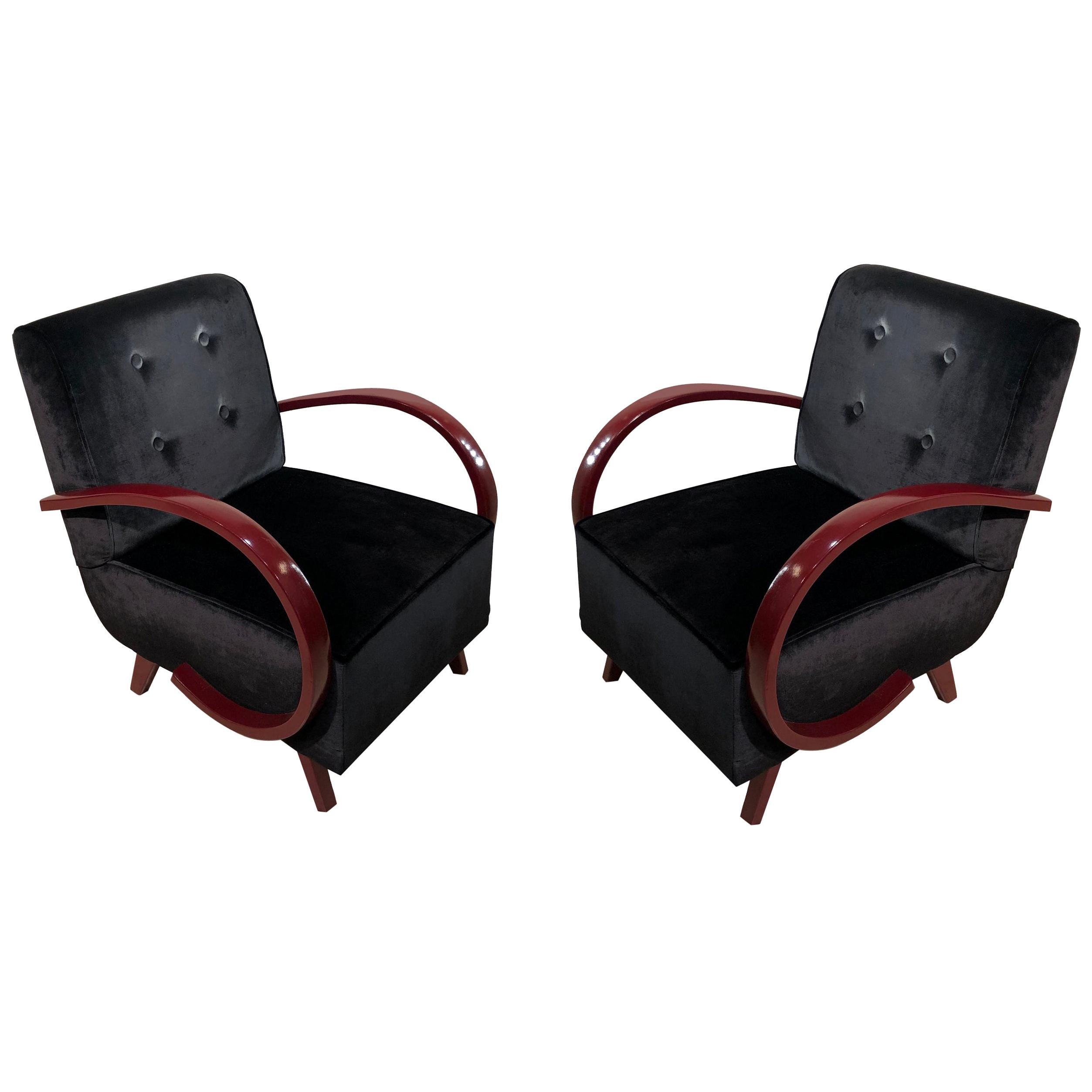 French Art Deco 1930s Black Velvet and Dark Red lacquered Armrests Armchairs