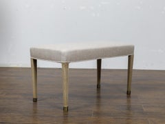 French Art Deco 1930s Bleached Walnut Bench with Brass Feet and Upholstery