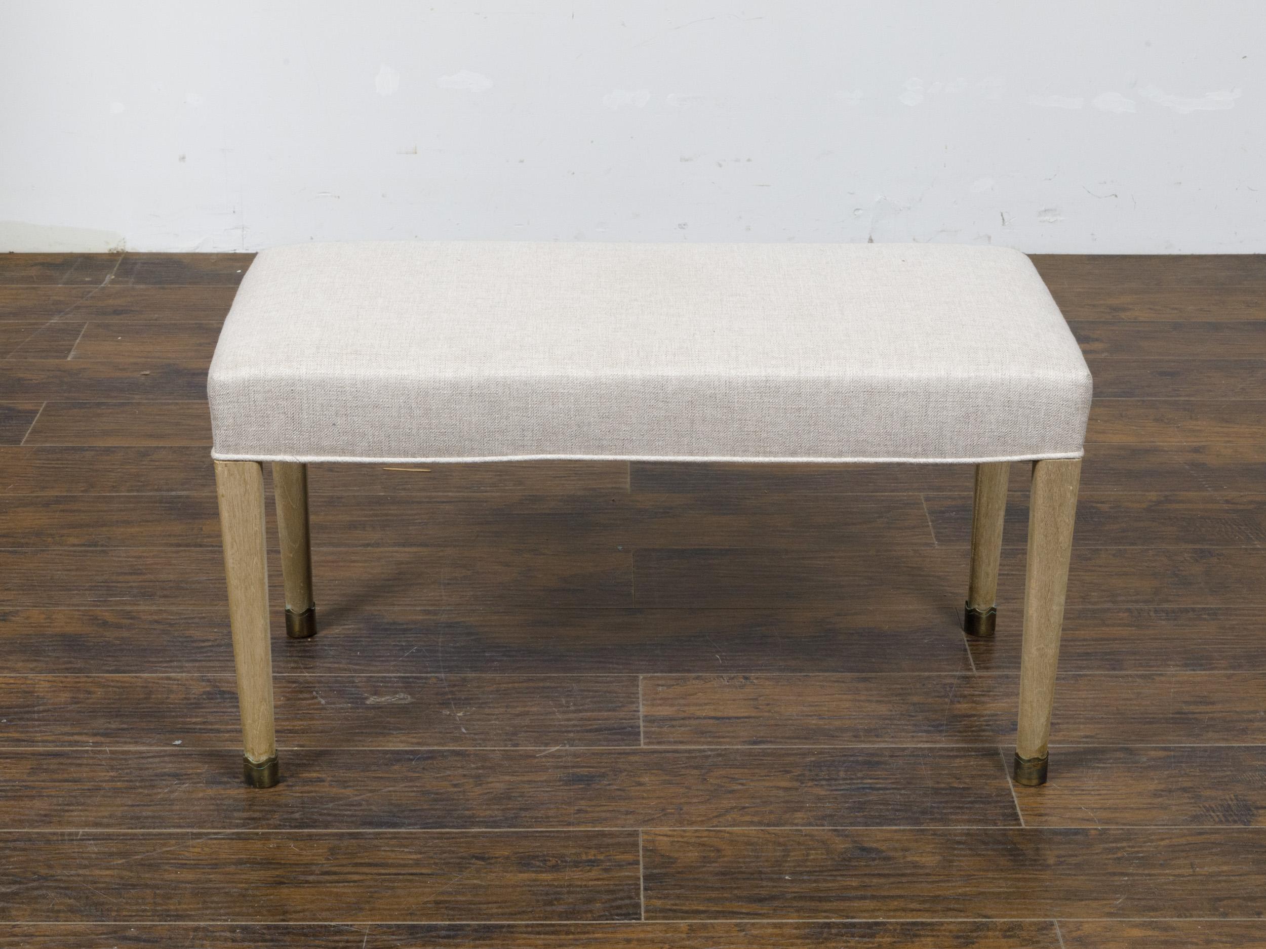 20th Century French Art Deco 1930s Bleached Walnut Bench with Brass Feet and Upholstery For Sale