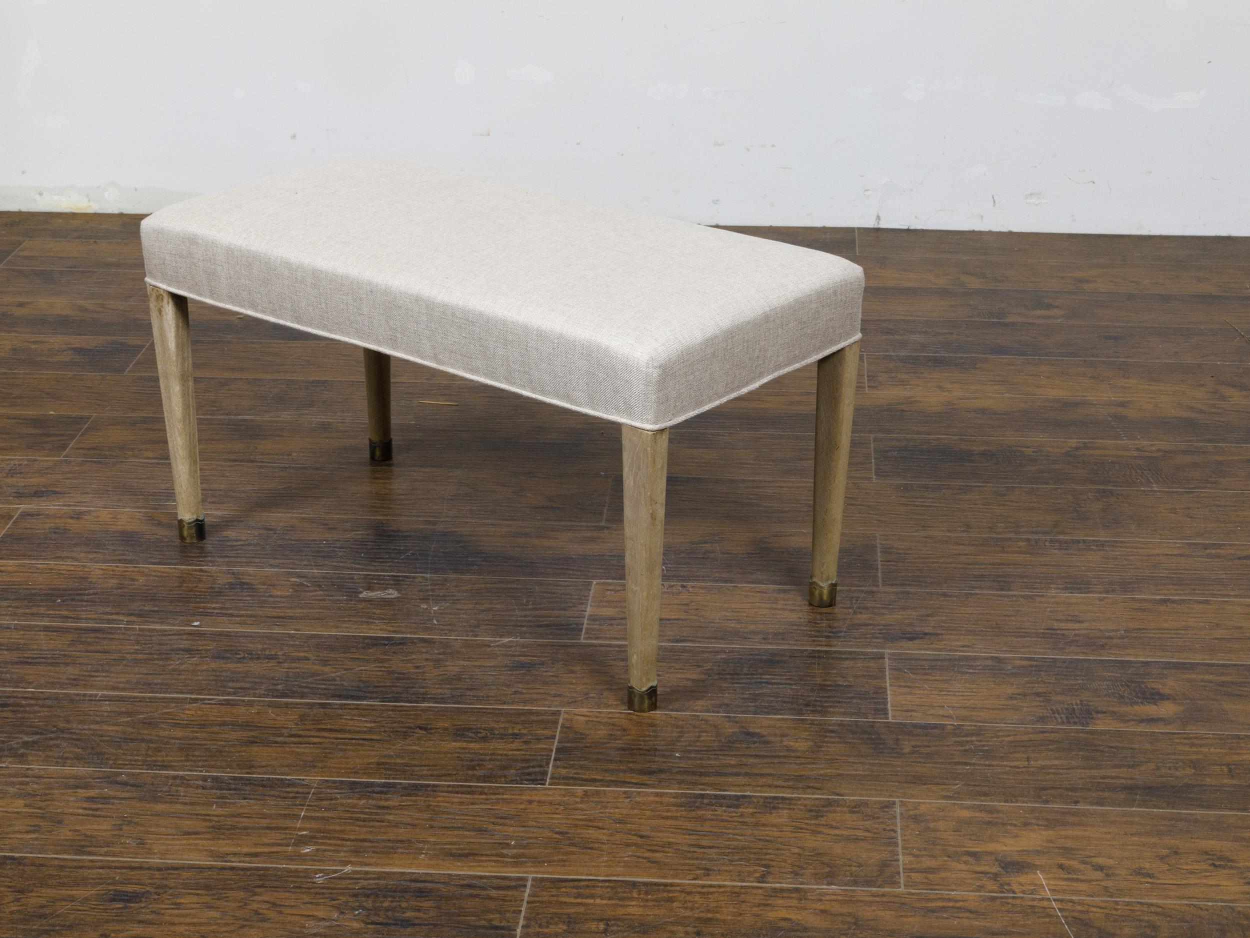 French Art Deco 1930s Bleached Walnut Bench with Brass Feet and Upholstery For Sale 2