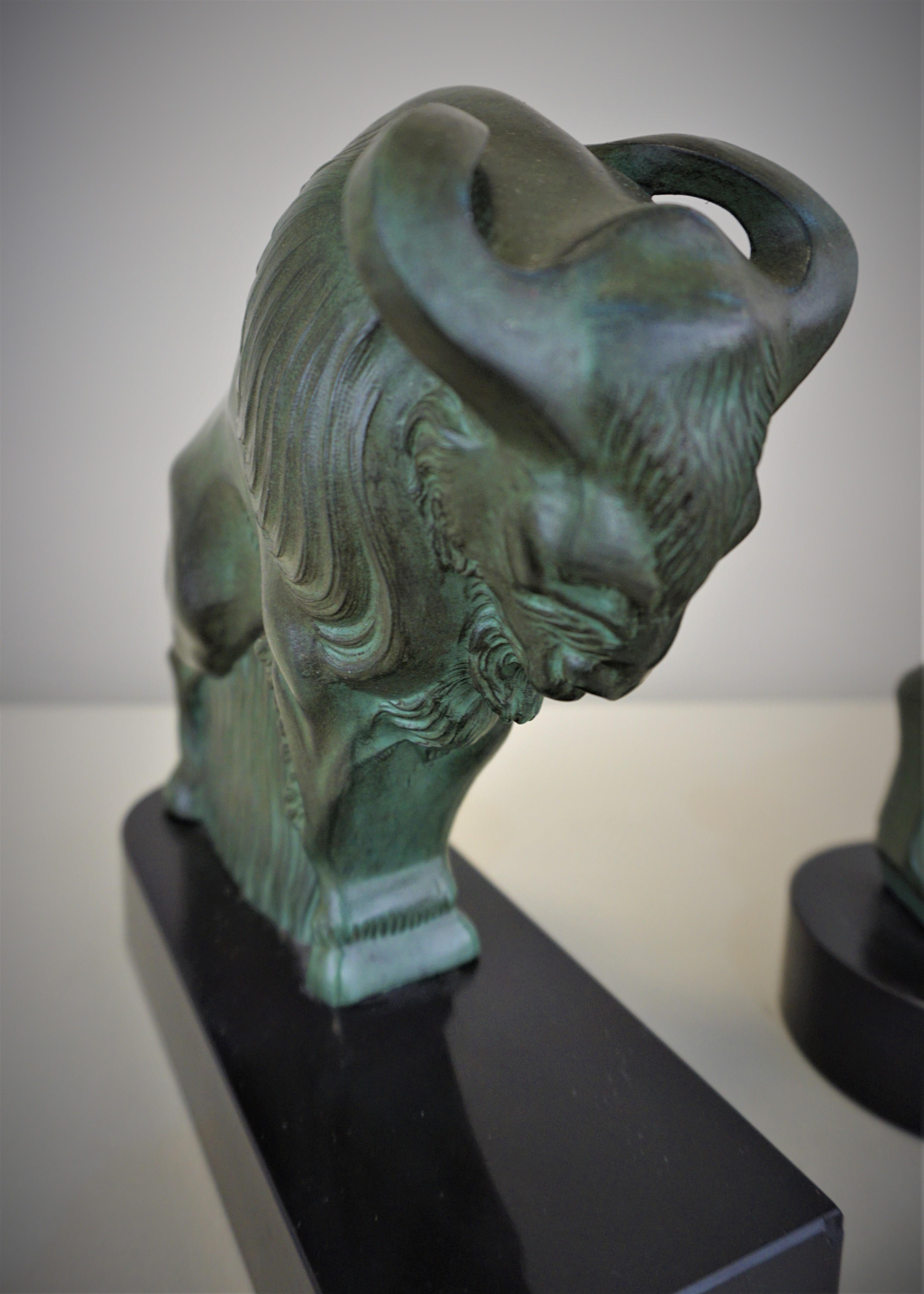 Spelter French Art Deco 1930s Buffalo Bookends by Max Le Verrier