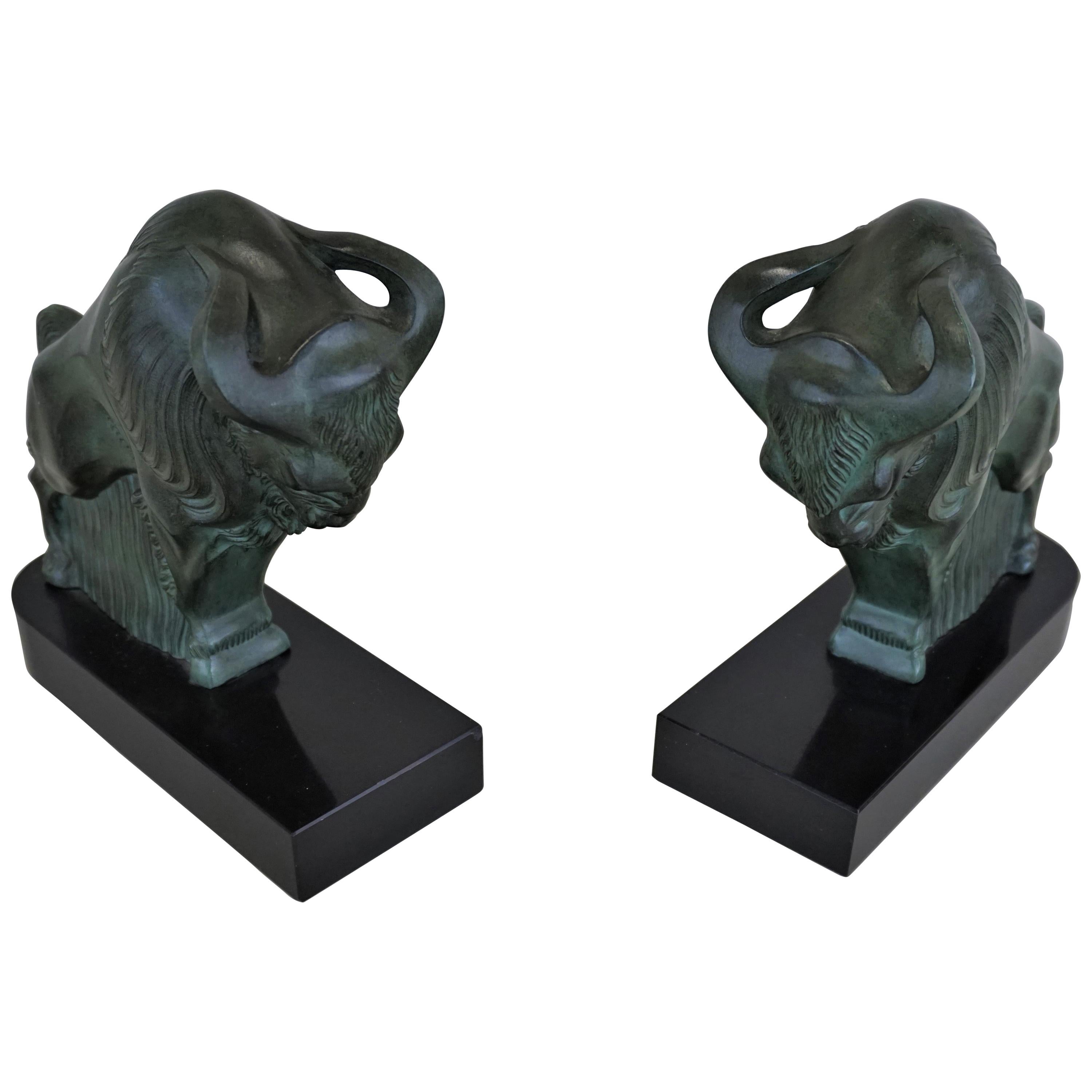 French Art Deco 1930s Buffalo Bookends by Max Le Verrier