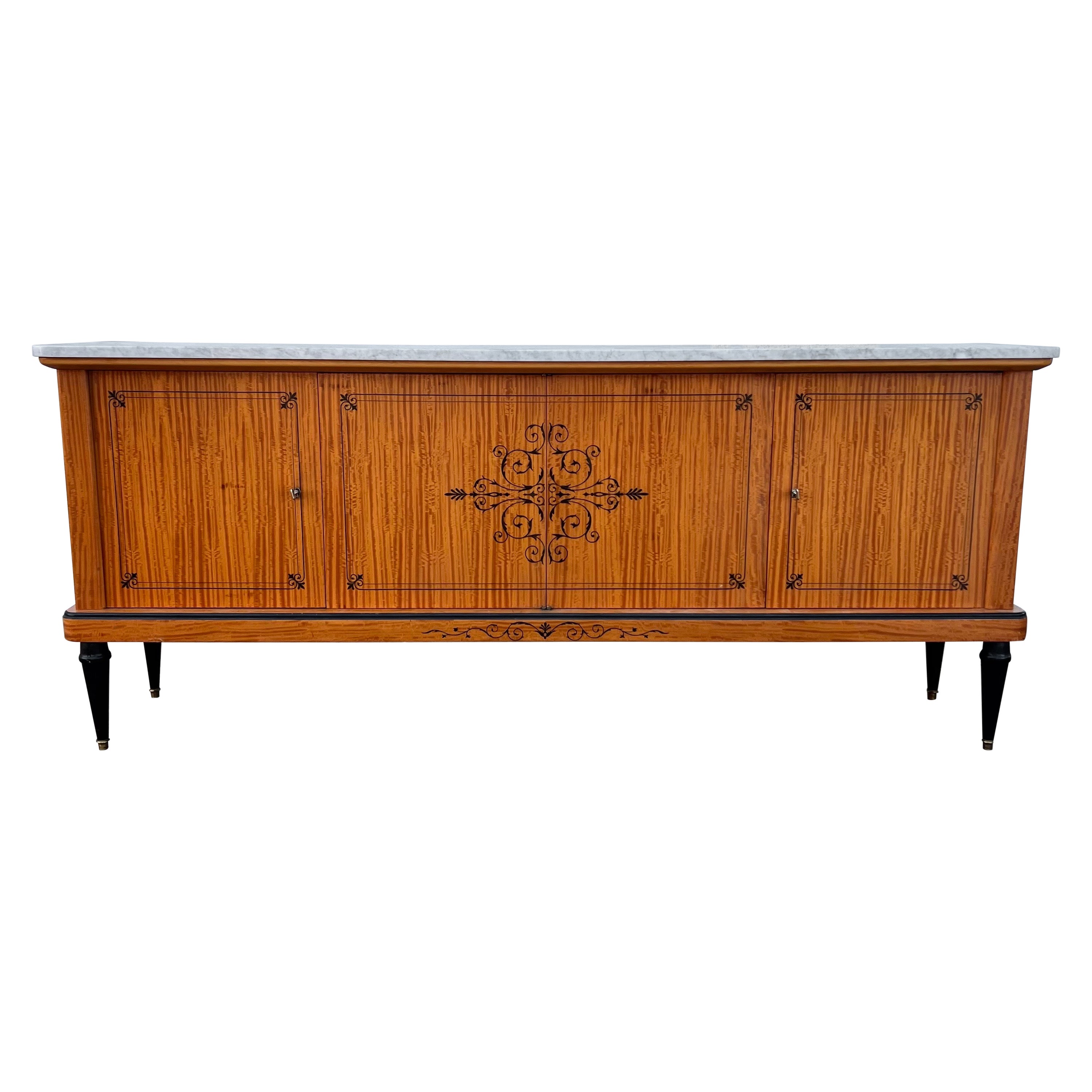 French Art Deco 1930's Burl Mahogany Carrara Marble Top Sideboard For Sale