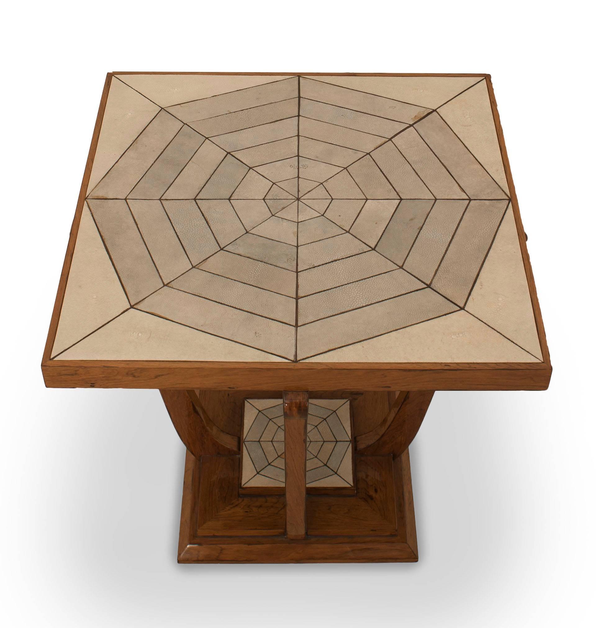 French Art Deco, 1930s cherrywood square end table with an inset beige and light green shagreen top and bottom shelf with an octagonal design.
  
