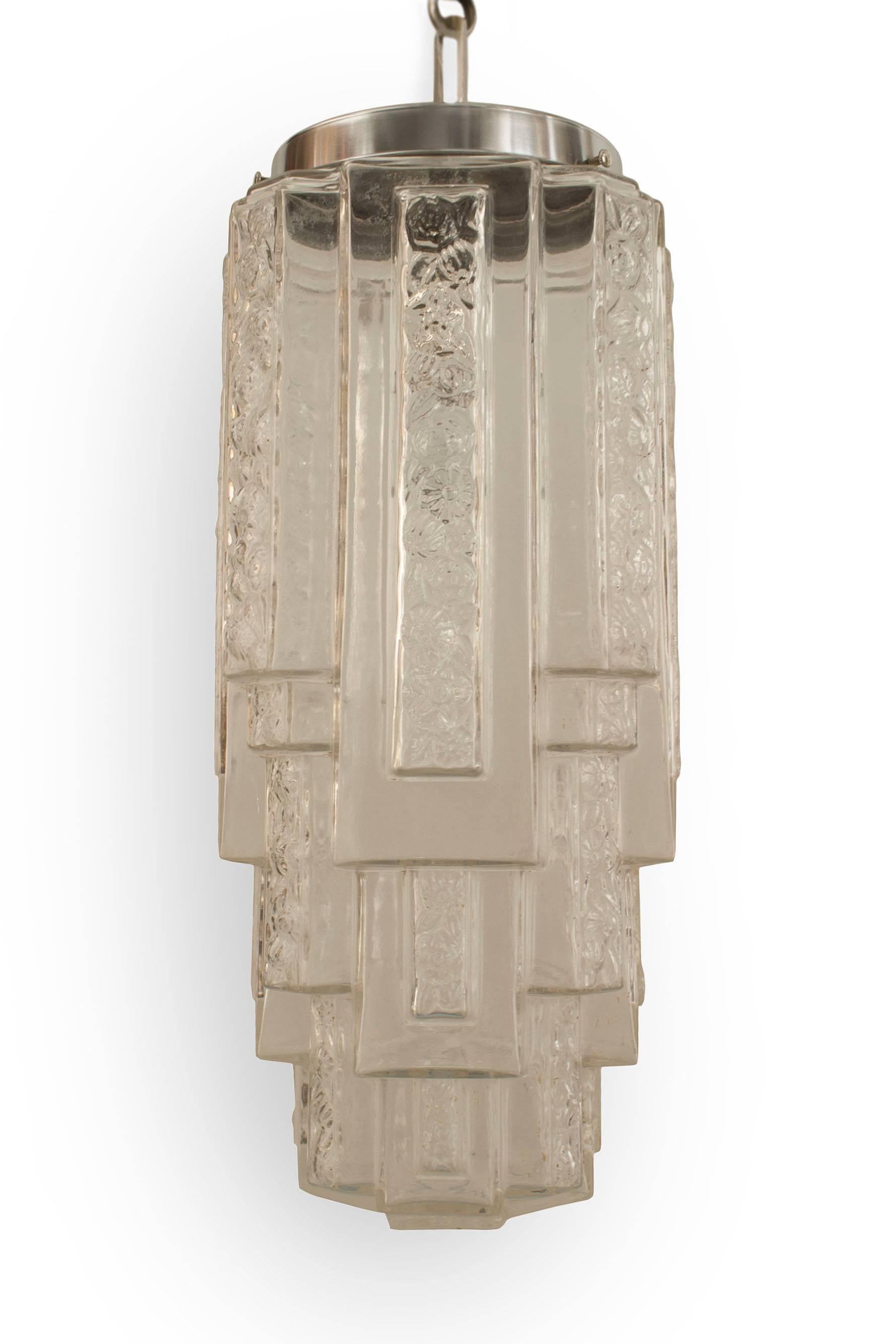 French Art Deco (1930s) clear and molded geometric design glass 3 tiered square shaped lantern.

