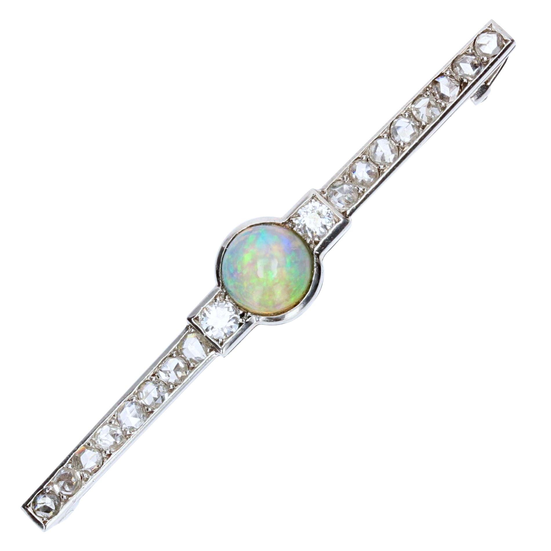 French Art Deco 1930s Opal Diamonds Platinum Brooch