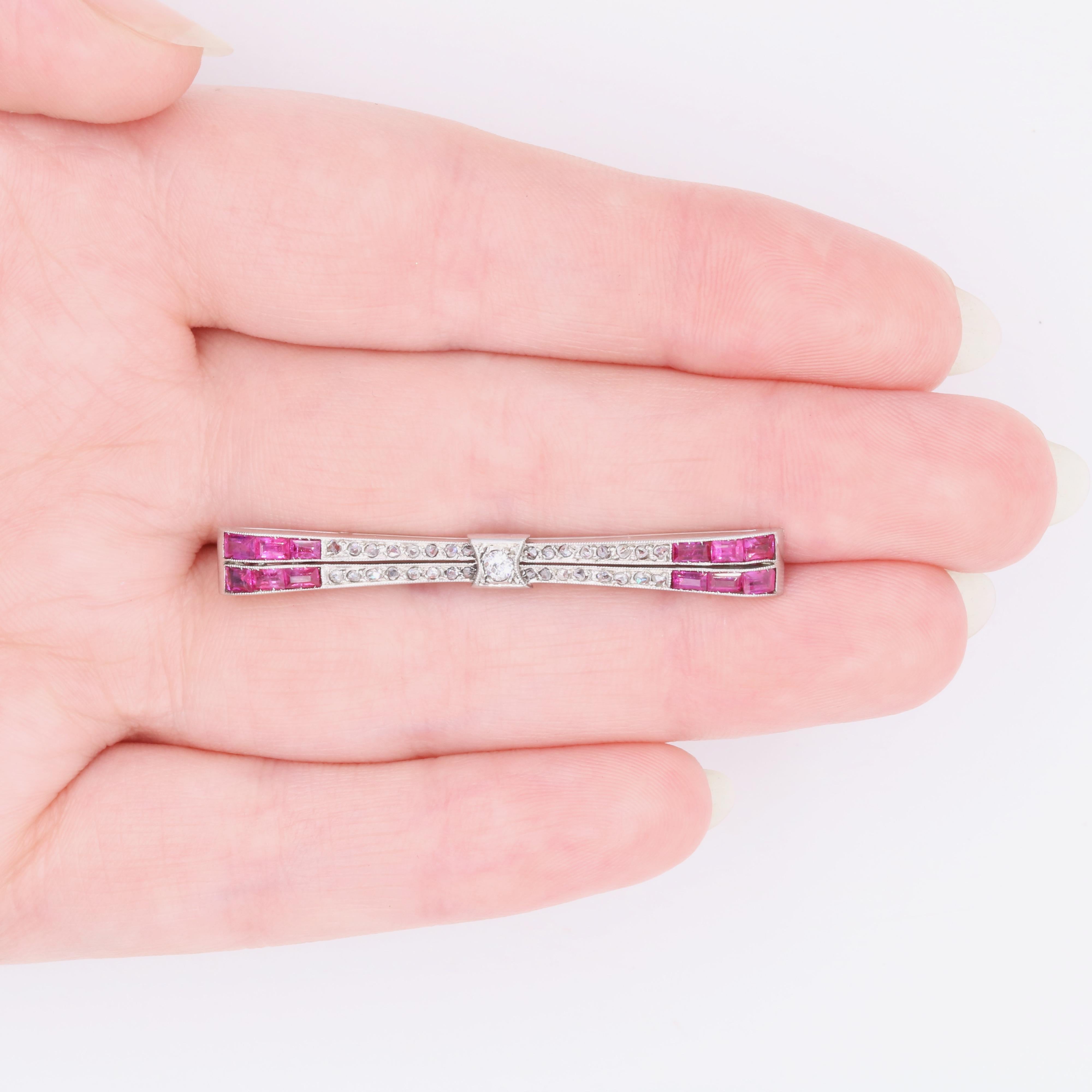 French Art Deco 1930s Platinum Diamond and Ruby Stylised Bow Brooch 5