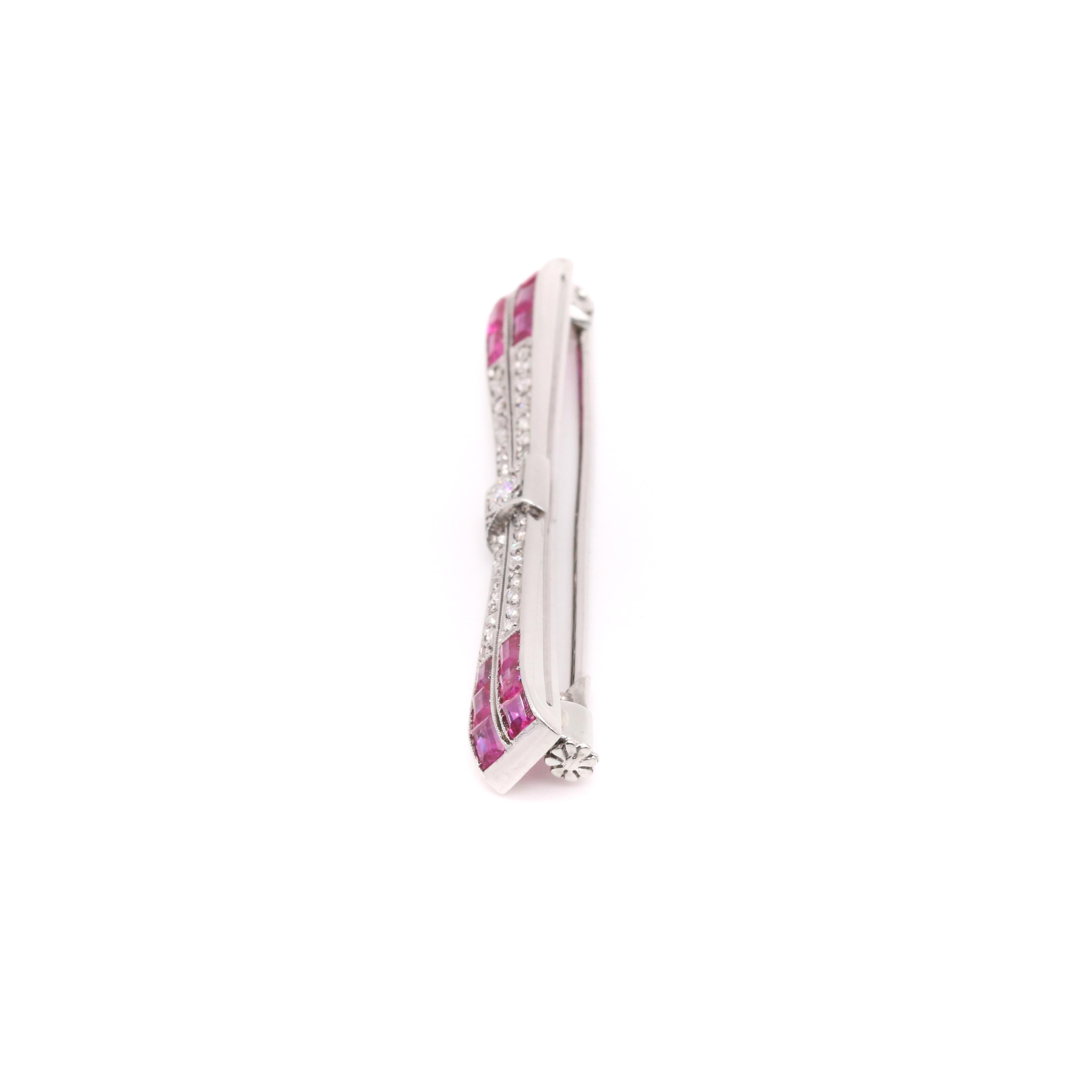 French Art Deco 1930s Platinum Diamond and Ruby Stylised Bow Brooch 2