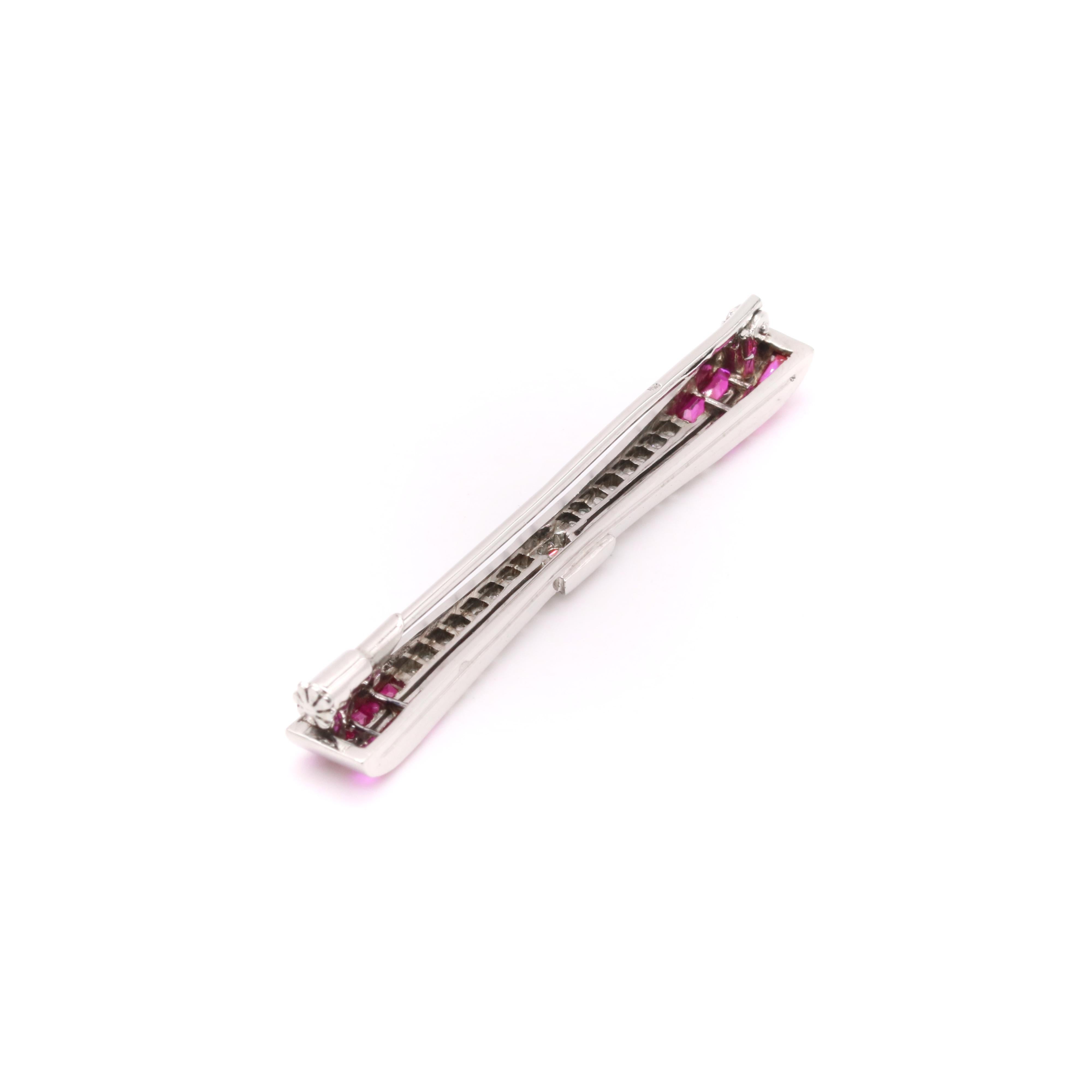 French Art Deco 1930s Platinum Diamond and Ruby Stylised Bow Brooch 3