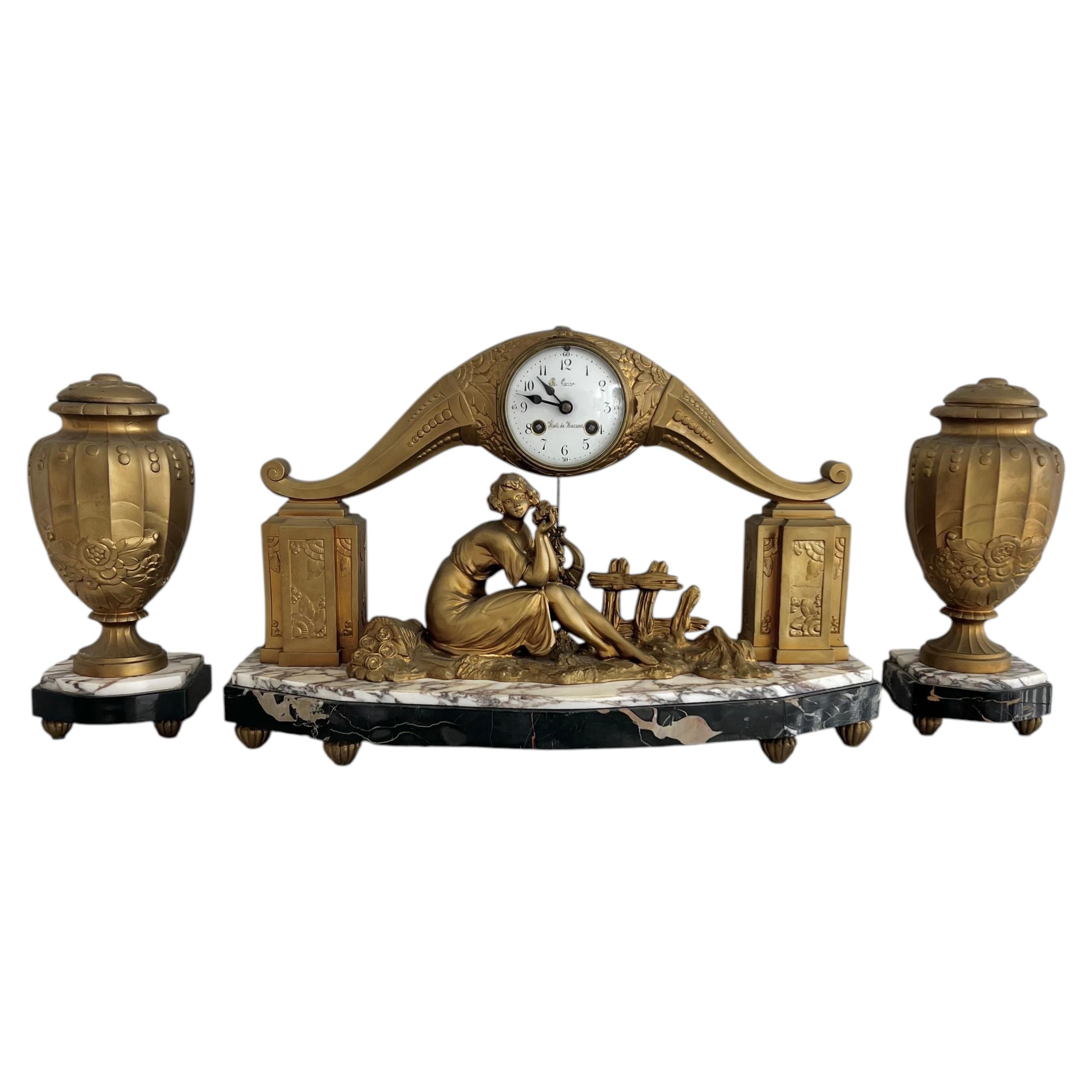 French Art Deco 1930's Signed Limousin Marble Figural Clock Set For Sale