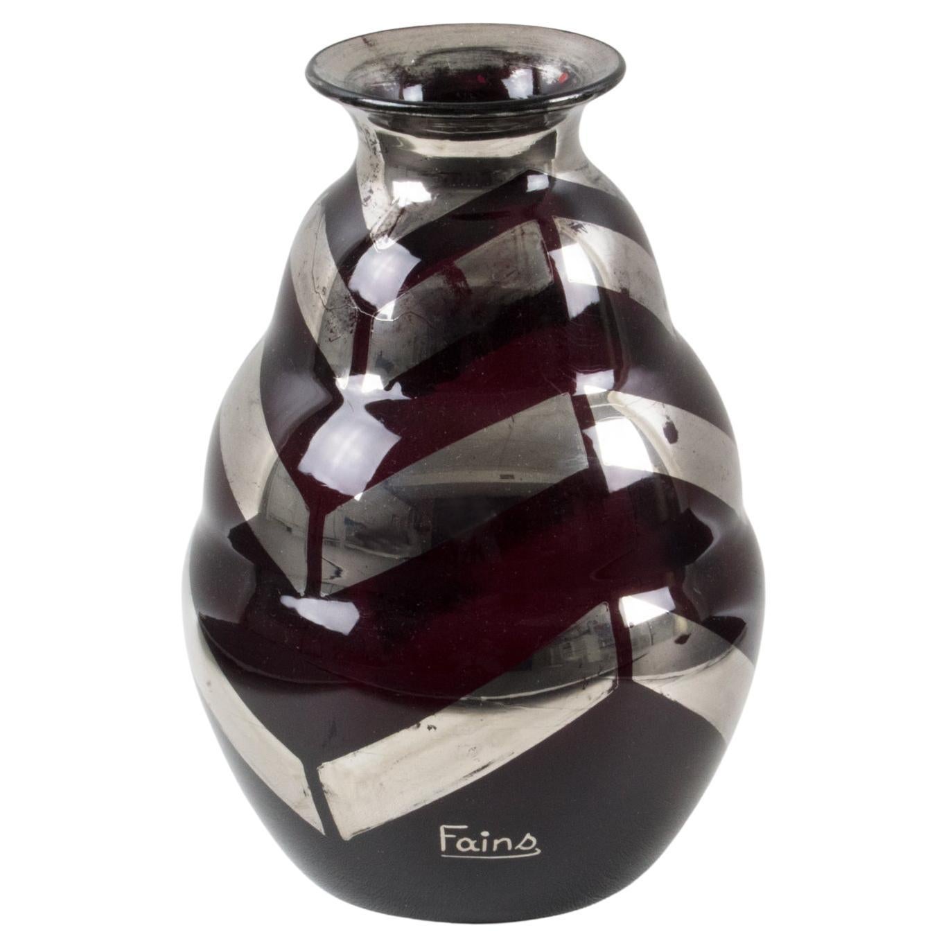 Fains Art Deco Silver Overlay Black Opaline Glass Vase, France 1930s