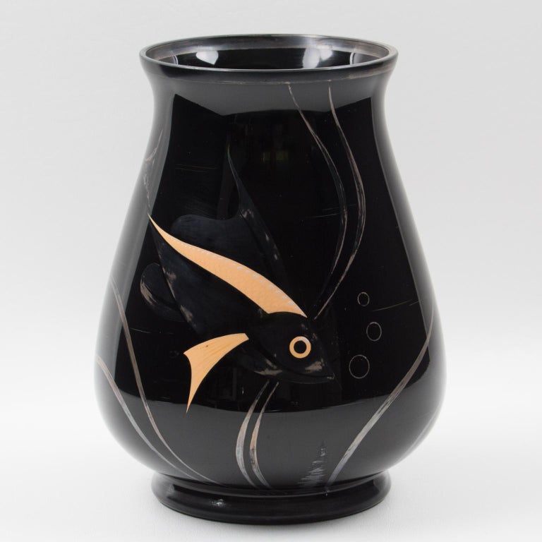 Michel Herman HEM Art Deco Silver Overlay Black Glass Vase, France 1930s  For Sale at 1stDibs