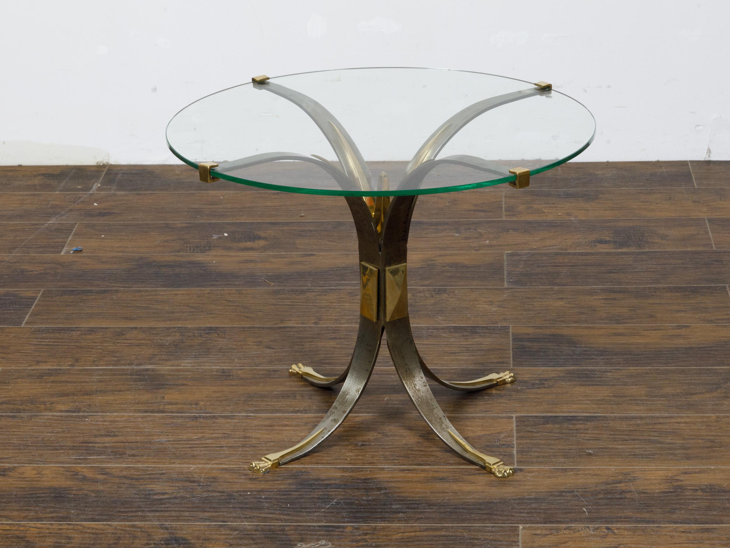 French Art Deco 1930s Steel and Brass Drinks Table with Glass Top, Splaying Legs For Sale 5