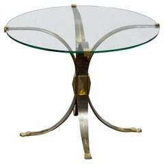 Table à boissons Art Déco française des années 1930 en acier et laiton avec plateau en verre, pieds évasés
