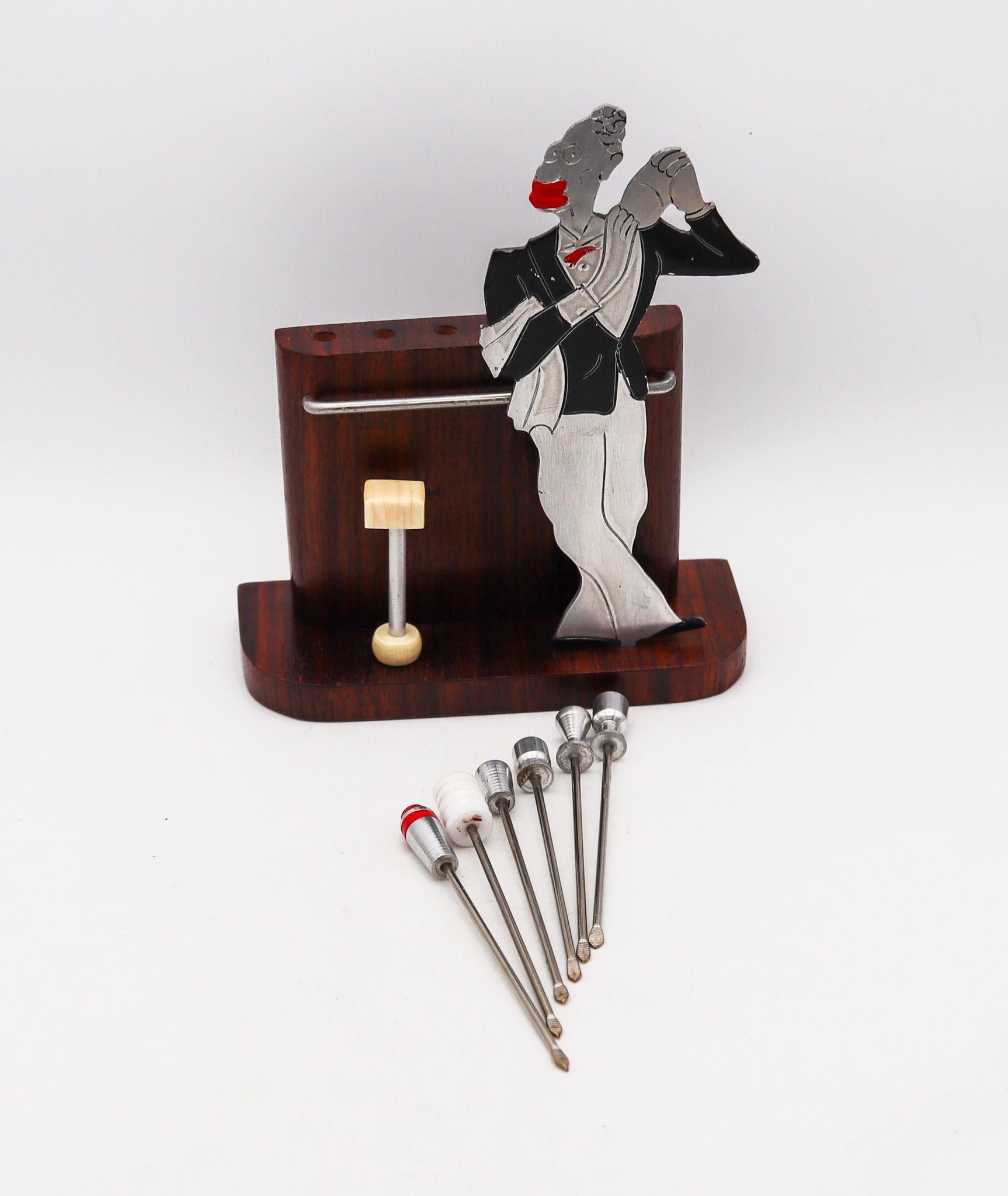 French Art Deco 1935 By Sudre White Barman Cocktail Picks Holder Makassar Wood In Excellent Condition In Miami, FL