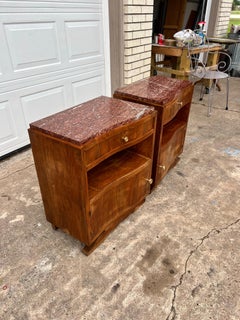 French Art Deco 1935's Pair of Walnut Marble Top Nightstands