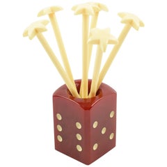 French Art Deco 1940s Bakelite Barware Cocktail Stirrers Set Tall Red Dice