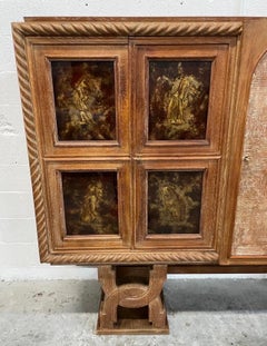 French Art Deco 1940's Cerused Oak & Eglomise Glass Sideboard / Bar