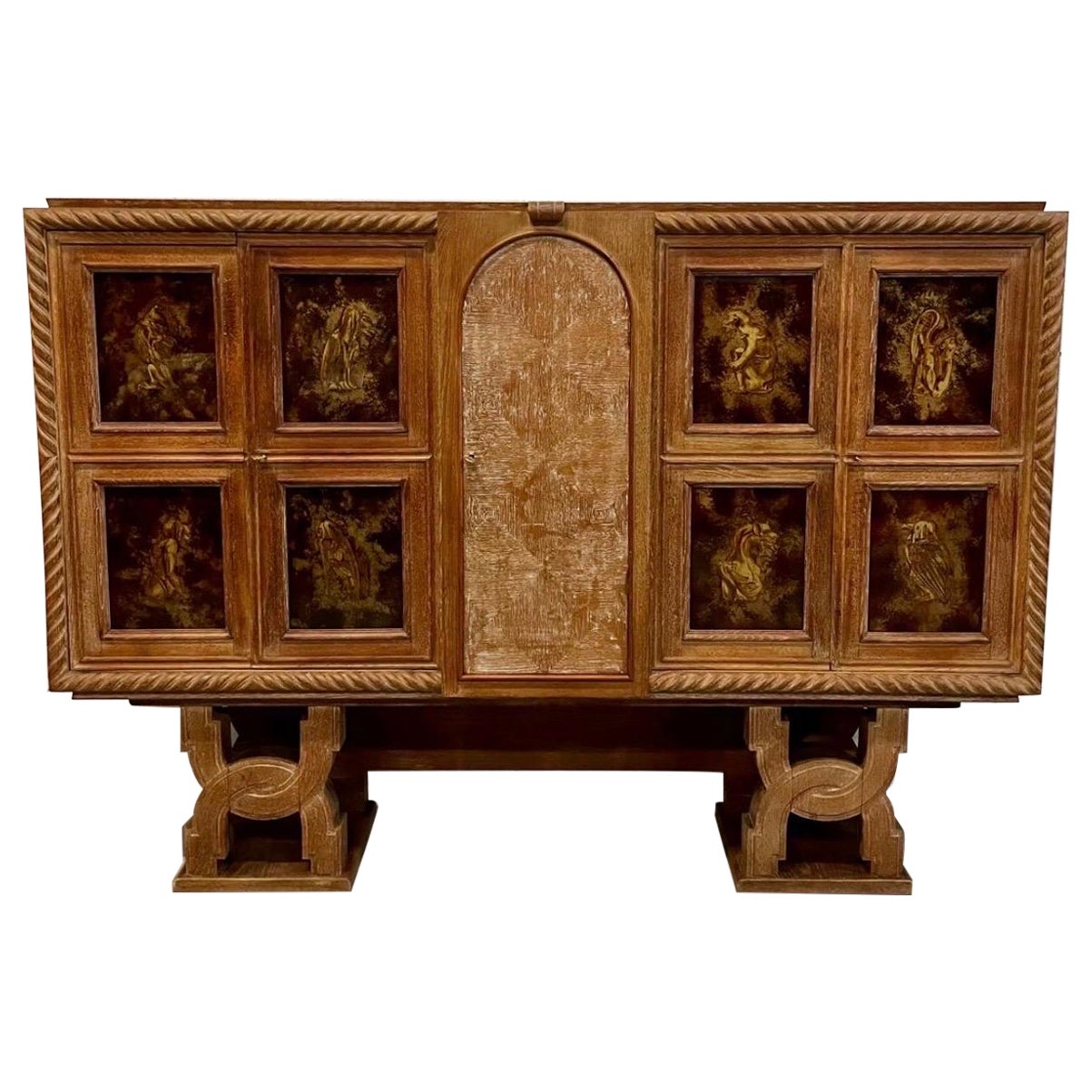 French Art Deco 1940's Cerused Oak & Eglomise Glass Sideboard / Bar