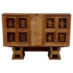 French Art Deco 1940's Cerused Oak & Eglomise Glass Sideboard / Bar