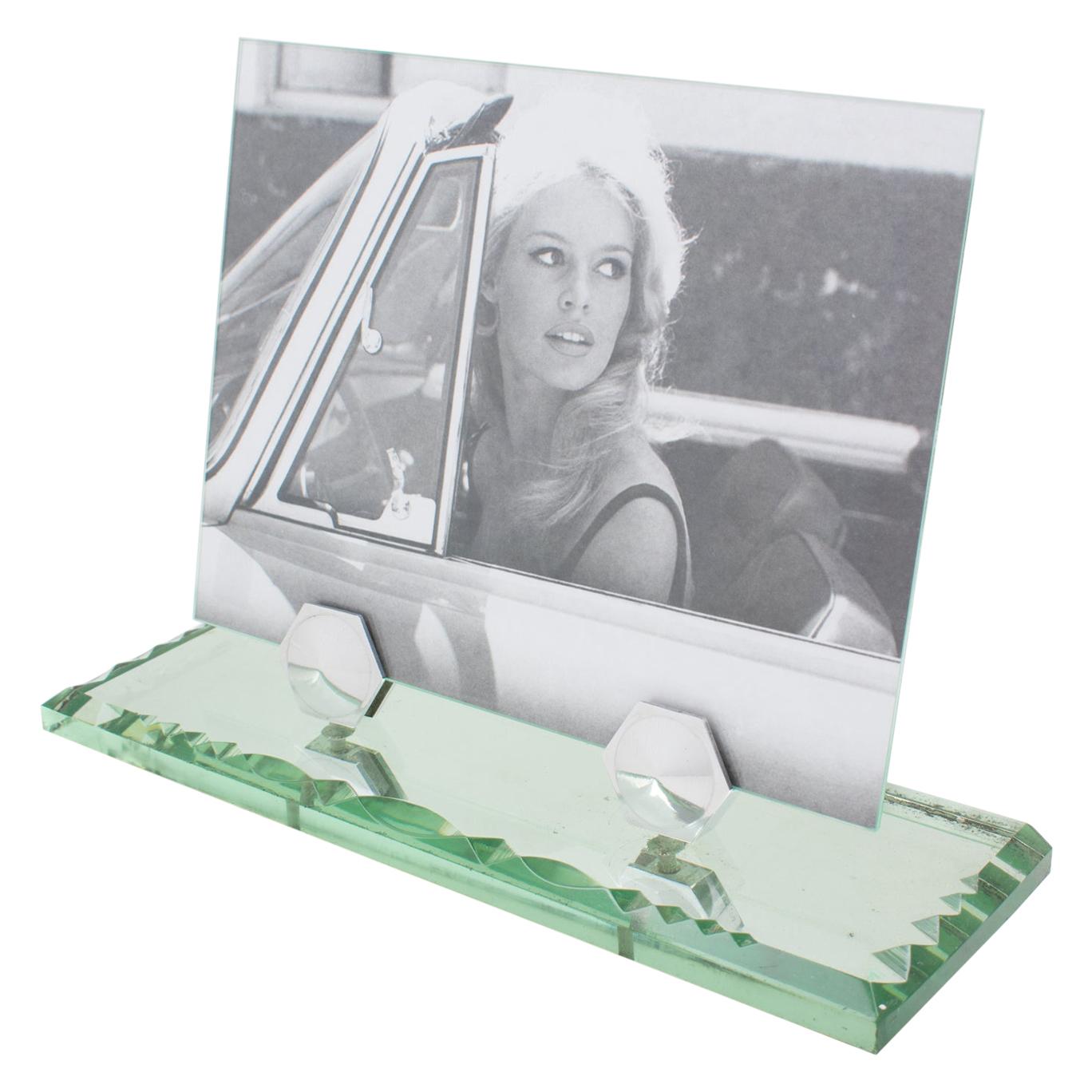 French Art Deco 1940s Mirrored Picture Photo Frame with Chrome Accent