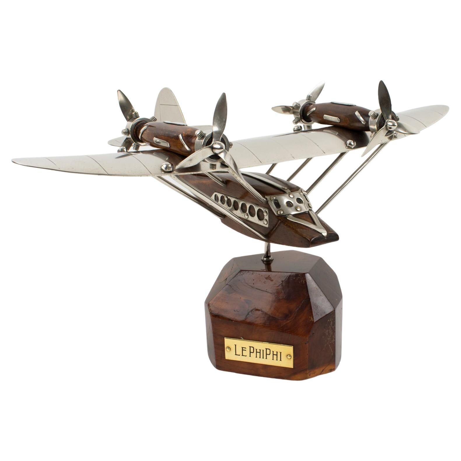 French Art Deco, 1940s Wooden and Chrome Airplane SeaPlane Aviation Model