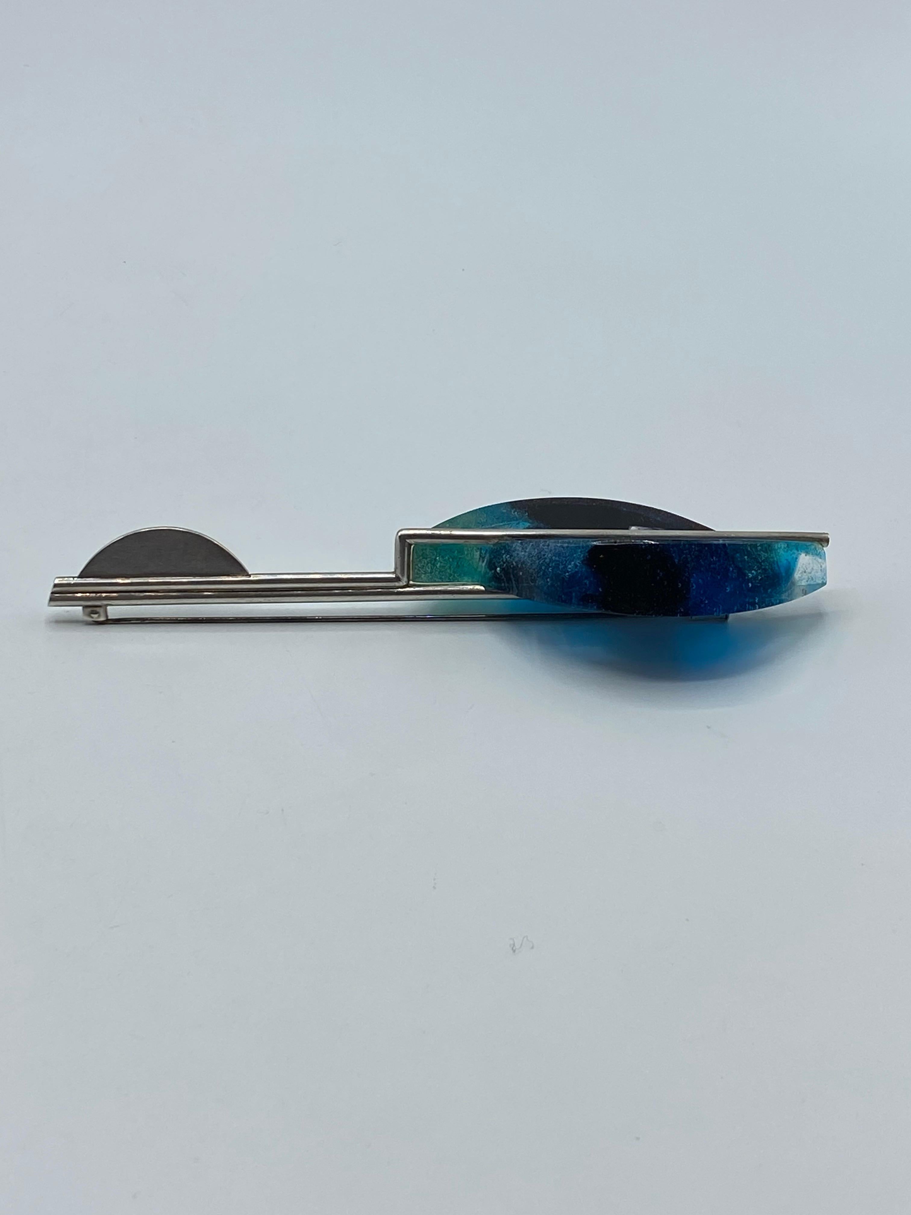Spilla Art Deco francese degli anni '80 in argento sterling e vetro artigianale di grandi dimensioni in vendita 11