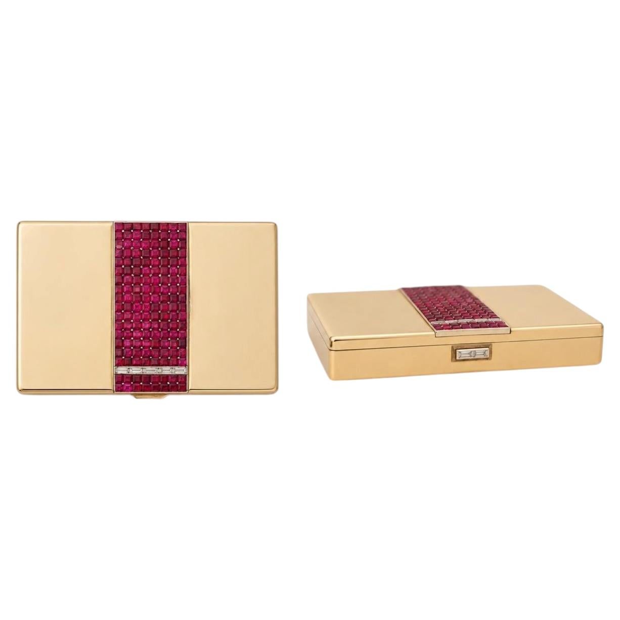 French Art Deco 20 Carat Burma Ruby & Diamond Invisible Set Platinum Hinged Box For Sale