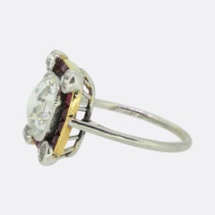 French Art Deco 2.00 Carat Old Cushion Cut Diamond and Ruby Ring