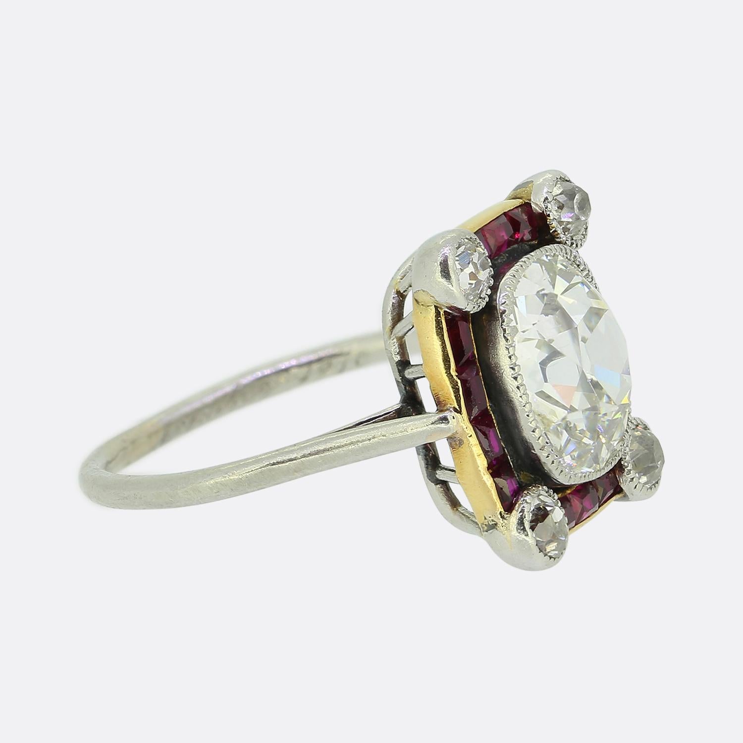 Antique Cushion Cut French Art Deco 2.00 Carat Old Cushion Cut Diamond and Ruby Ring