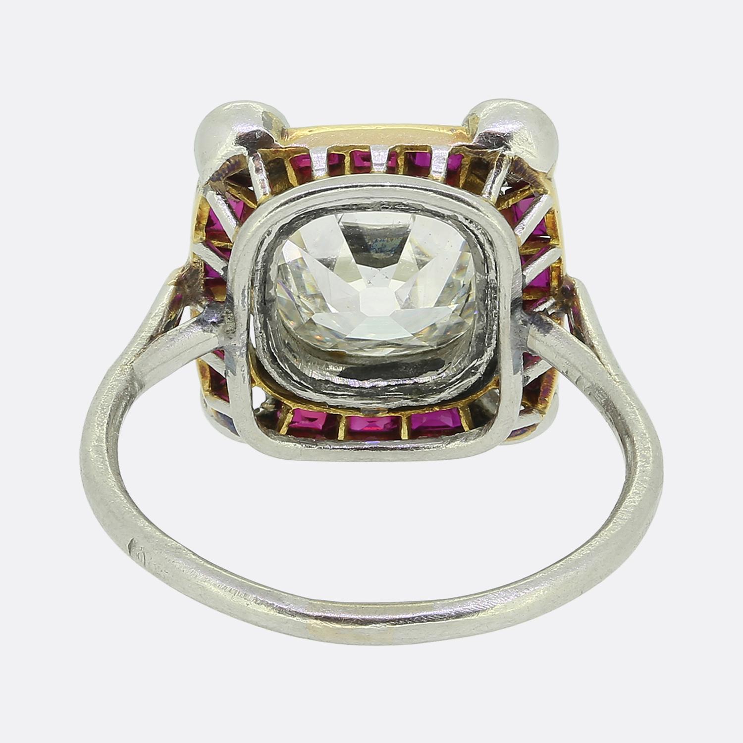 French Art Deco 2.00 Carat Old Cushion Cut Diamond and Ruby Ring In Good Condition In London, GB