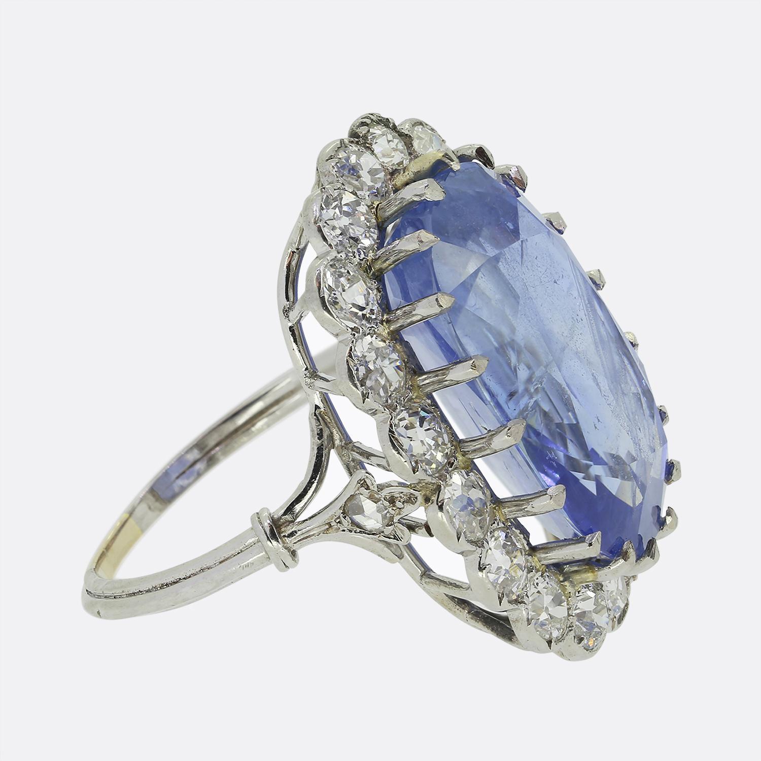 Oval Cut French Art Deco 20.63 Carat Unheated Ceylon Sapphire and Diamond Cluster Ring For Sale