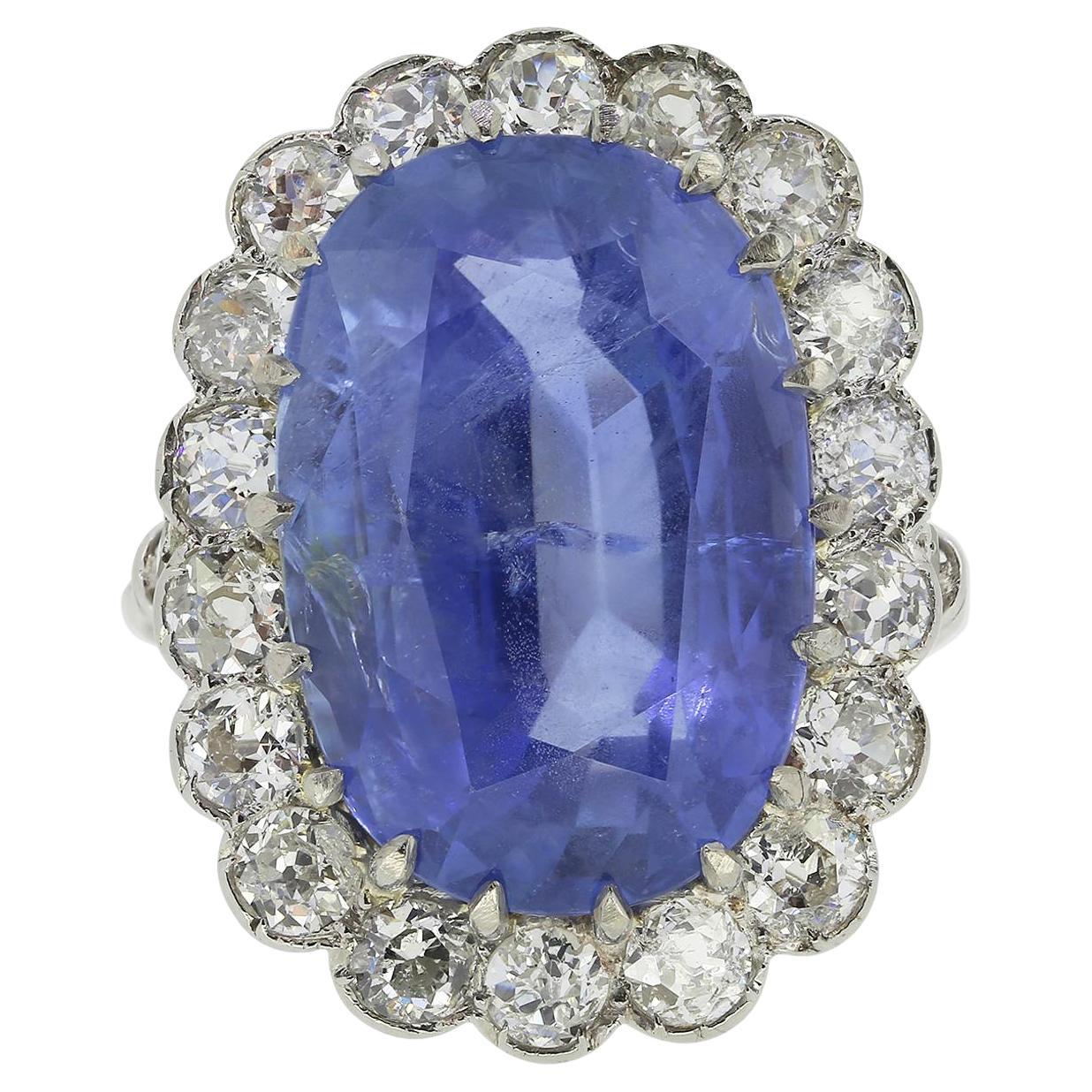 French Art Deco 20.63 Carat Unheated Ceylon Sapphire and Diamond Cluster Ring For Sale