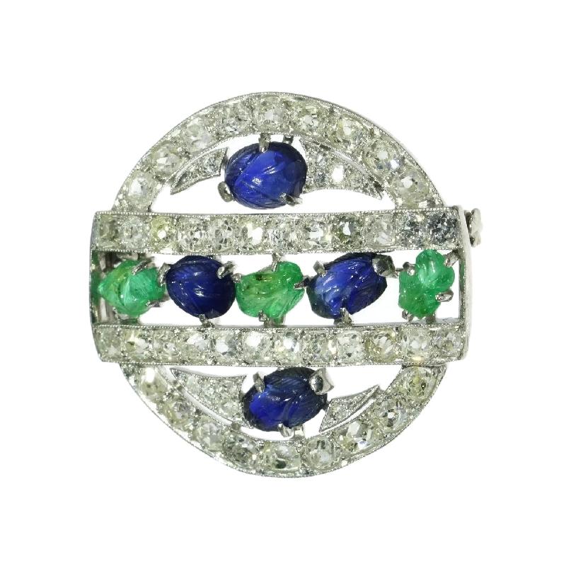 French Art Deco 3.09 Carat Diamond Emerald Sapphire Platinum Tutti Frutti Brooch For Sale 1
