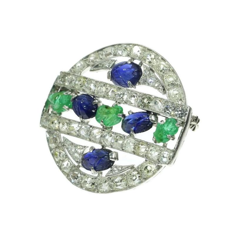 French Art Deco 3.09 Carat Diamond Emerald Sapphire Platinum Tutti Frutti Brooch For Sale 2