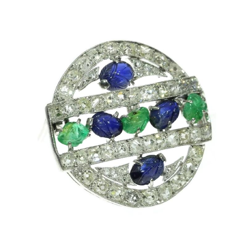 French Art Deco 3.09 Carat Diamond Emerald Sapphire Platinum Tutti Frutti Brooch For Sale 4