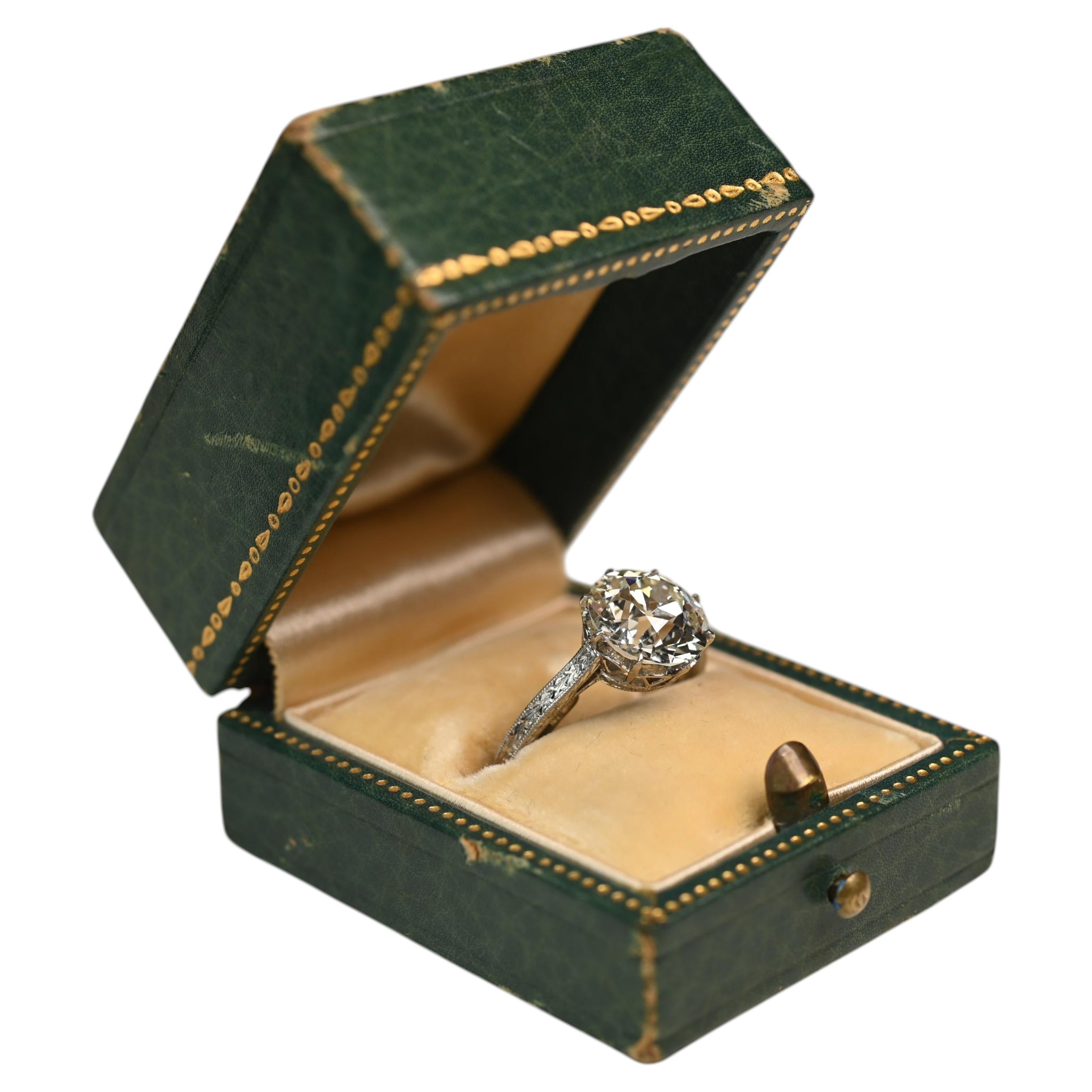 French Art Deco 3 Carat Engagement Ring. GIA old Euro Cut Platinum Engraved KSI1