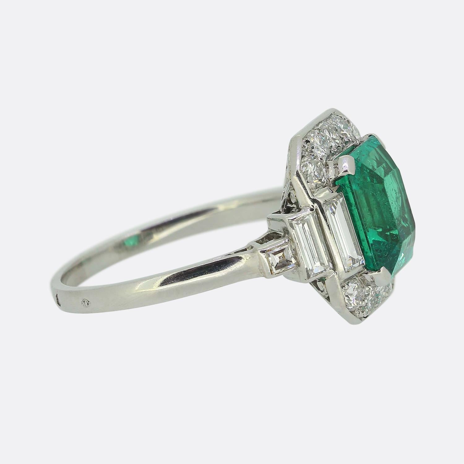 Emerald Cut French Art Deco 3.00 Carat Emerald and Diamond Ring For Sale
