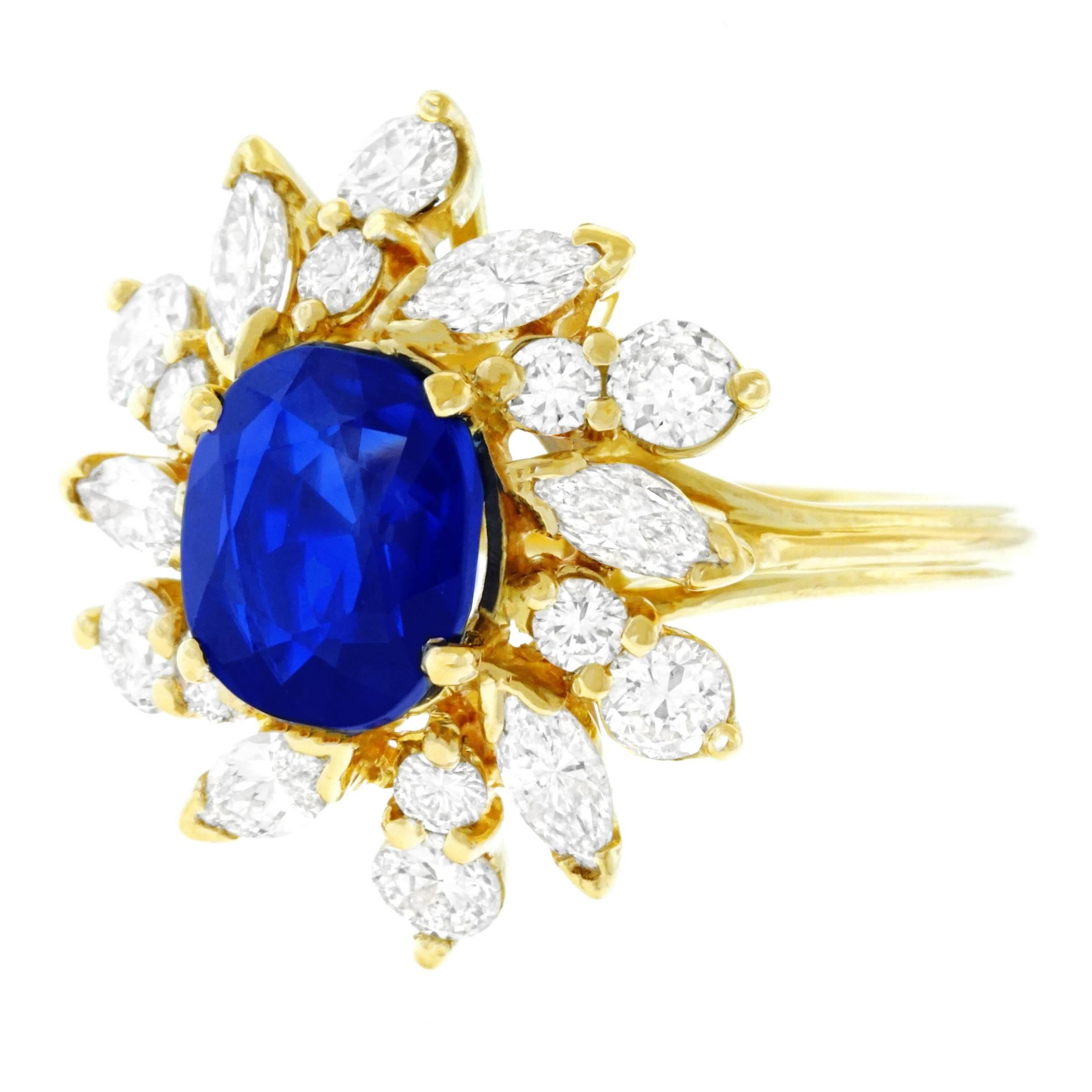 French Art Deco 3.57ct No Heat Sapphire and Diamond Set Gold Ring In Excellent Condition In Litchfield, CT